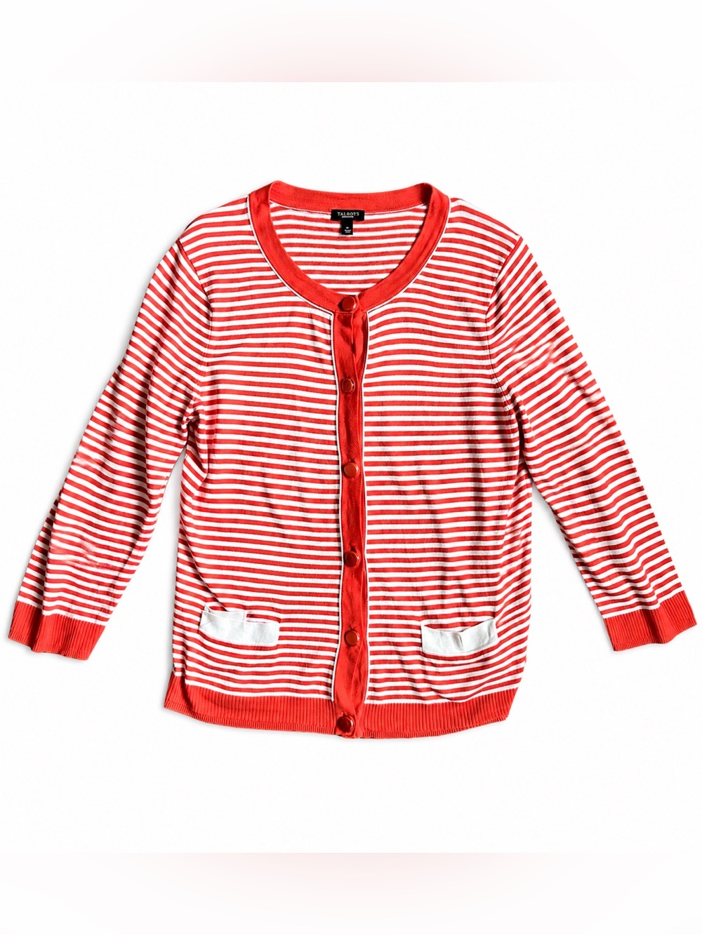 Talbots Red and White Striped Cotton Cardigan